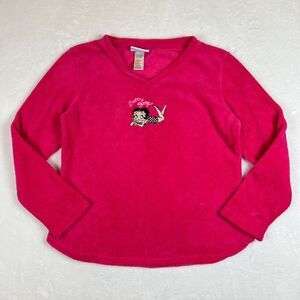 Betty Boop Sleepwear Top Womens Medium Long Sleeve Pink Fuzzy Embroidered
